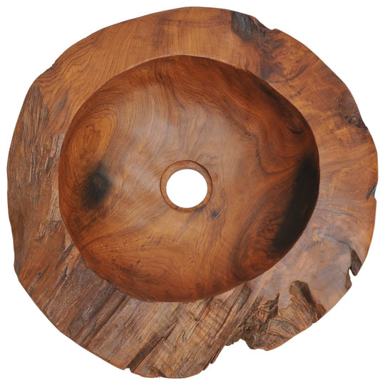 Basin made of solid teak wood, featuring a rustic design and water-repellant finish, perfect for bathroom decor.