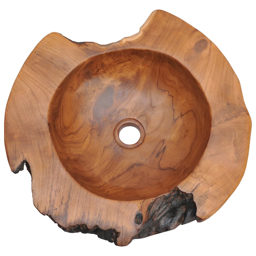 Handmade solid teak wash basin with rustic charm, above counter design, showcasing natural wood grain and unique shape.