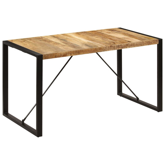 Industrial-style solid mango wood dining table with steel legs, perfect for home and garden furniture or patio use.