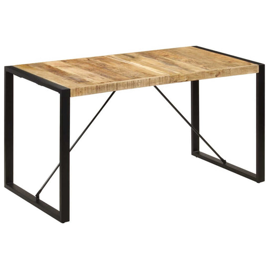 Solid mango wood dining table with industrial design and steel legs, perfect for outdoor and indoor use in home and garden spaces.