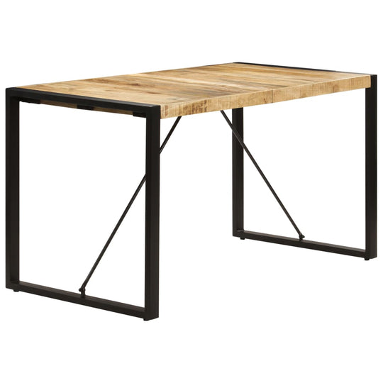 Industrial-style dining table with solid mango wood top and black steel legs, perfect for home or outdoor patio furniture.