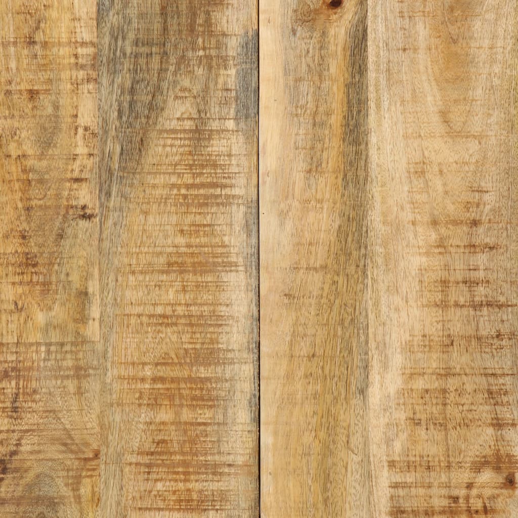 Close-up of solid mango wood grain texture on a dining table surface.