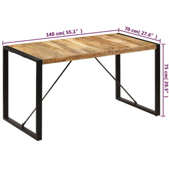 Solid mango wood dining table with powder-coated steel legs, 140x70x75 cm, ideal for indoor or outdoor settings.