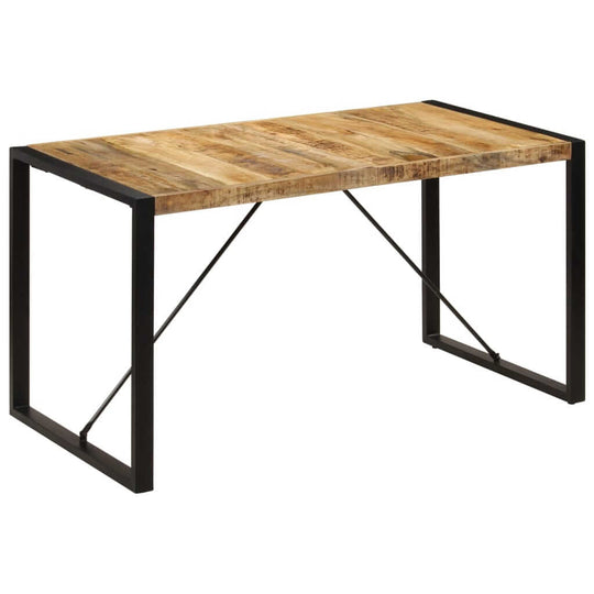 Industrial-style solid mango wood dining table with steel legs for home and outdoor patio furniture.