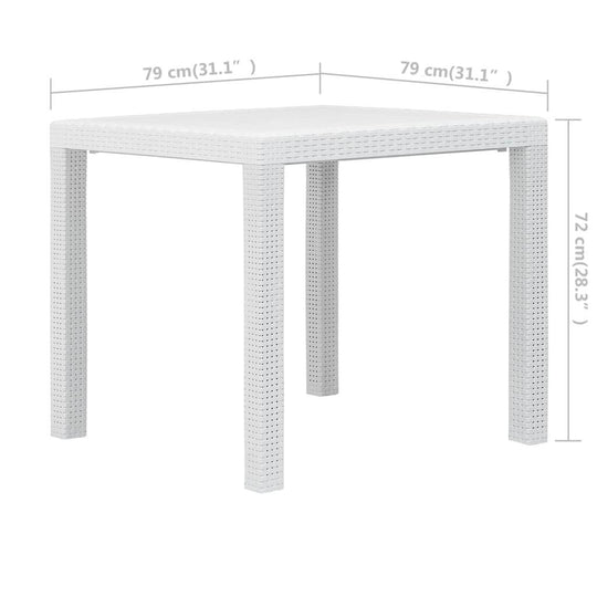 Garden Table 79x79x72 cm Plastic Rattan Look in white, ideal for outdoor dining, with rattan design and weather-resistant features.