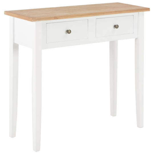 White wooden dressing console table with two drawers and a light wood top, perfect for living rooms and hallways.