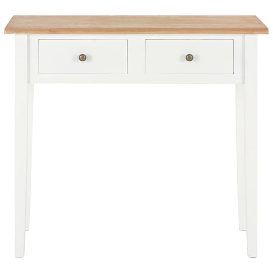 Dressing console table in white with natural wood top and two drawers, perfect for compact spaces in living or dining areas.