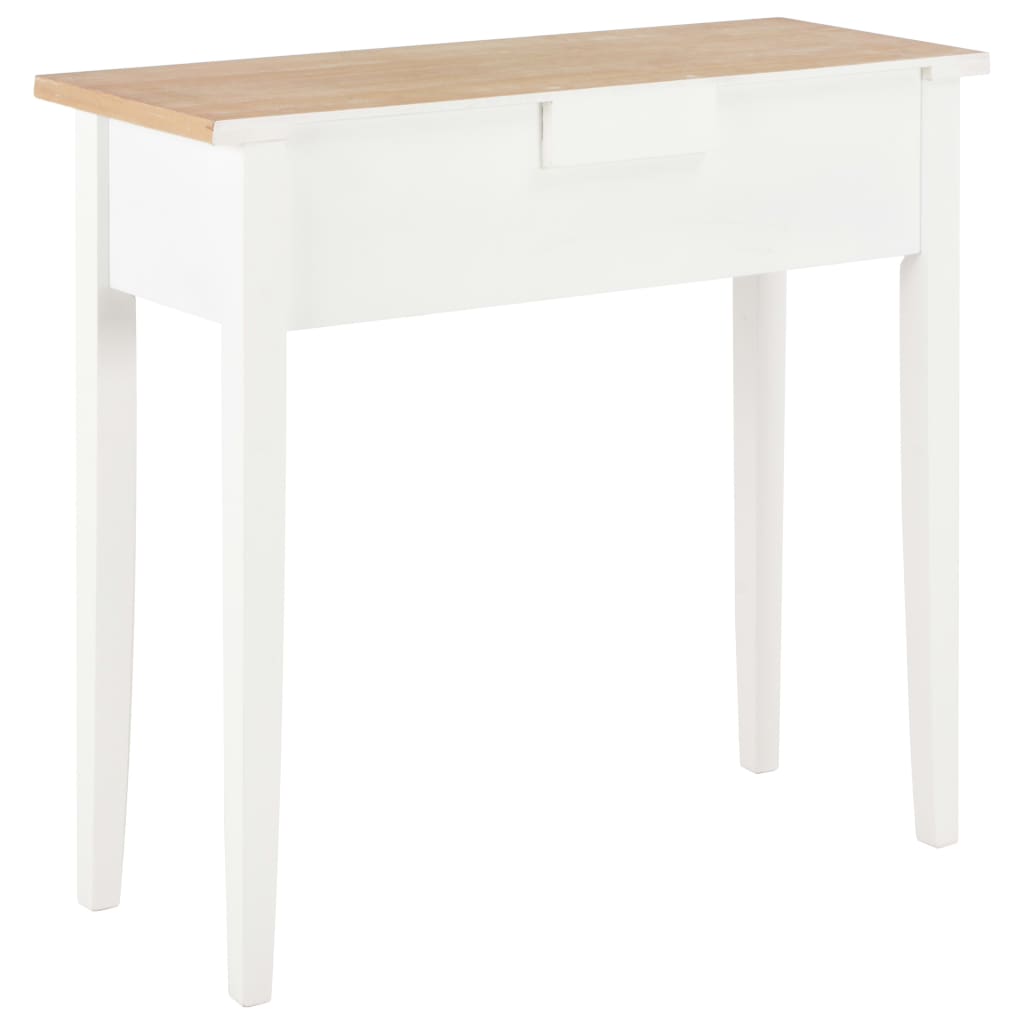 White wooden dressing console table with oak top and single drawer, perfect for small spaces and various home settings.