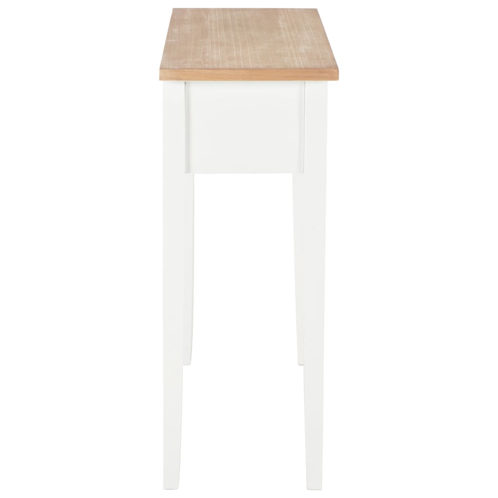 Side view of a white wooden dressing console table with a natural wood top and compact design, perfect for small spaces.