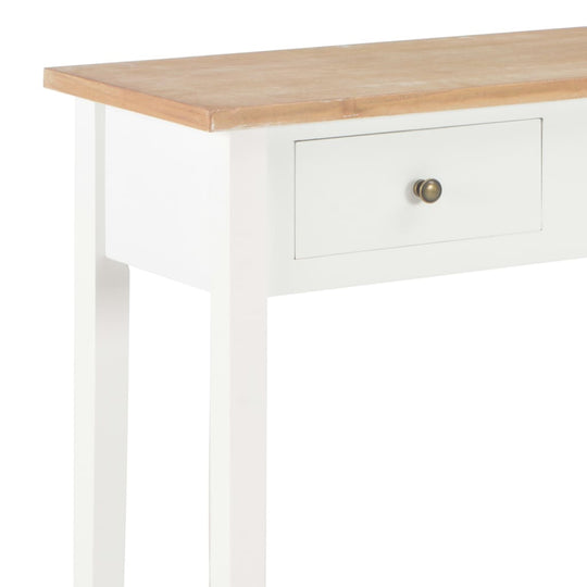 Wooden console table in white with natural wood top and a single drawer, perfect for small spaces and stylish decor.