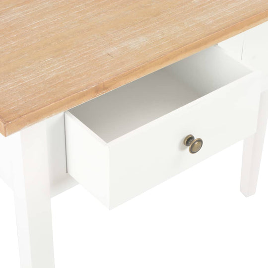 White wooden dressing console table with a wooden top and smooth-rolling drawer open, highlighting its functionality and design.