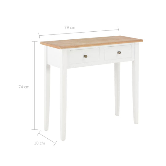 White wooden dressing console table with two drawers, dimensions 79x30x74 cm, ideal for living room or hallway.