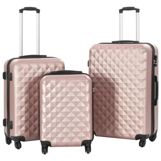 Hardcase trolley set in rose gold, including three durable ABS suitcases with security locks and internal organization features.