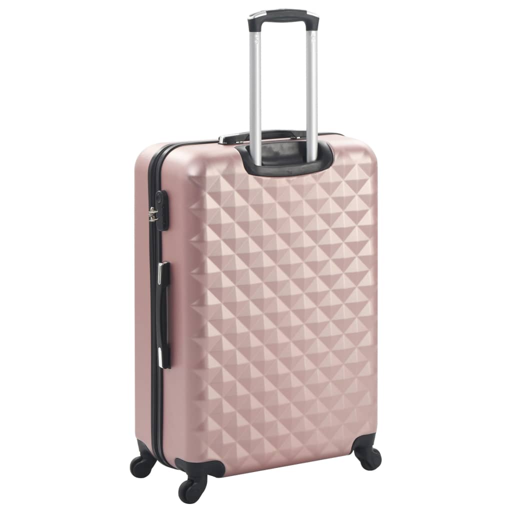 Hardcase trolley set in rose gold ABS with diamond pattern and retractable handle, ideal for travel and packing essentials.