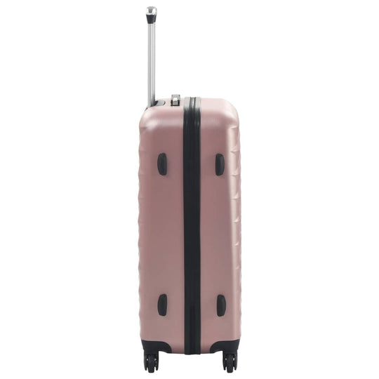 Hardcase trolley suitcase in rose gold with four wheels and retractable handle, ideal for travel and organization.