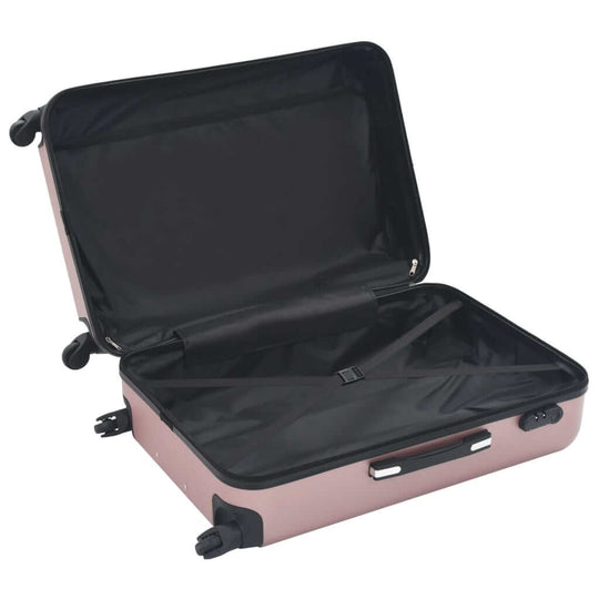 Open hardcase trolley suitcase in rose gold with black interior and internal straps for organized packing.