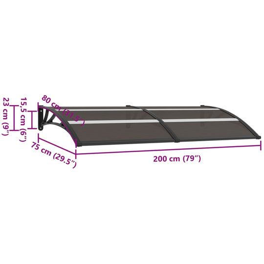 Black door canopy dimensions 200x75 cm, weather-resistant polycarbonate for residential and commercial use.