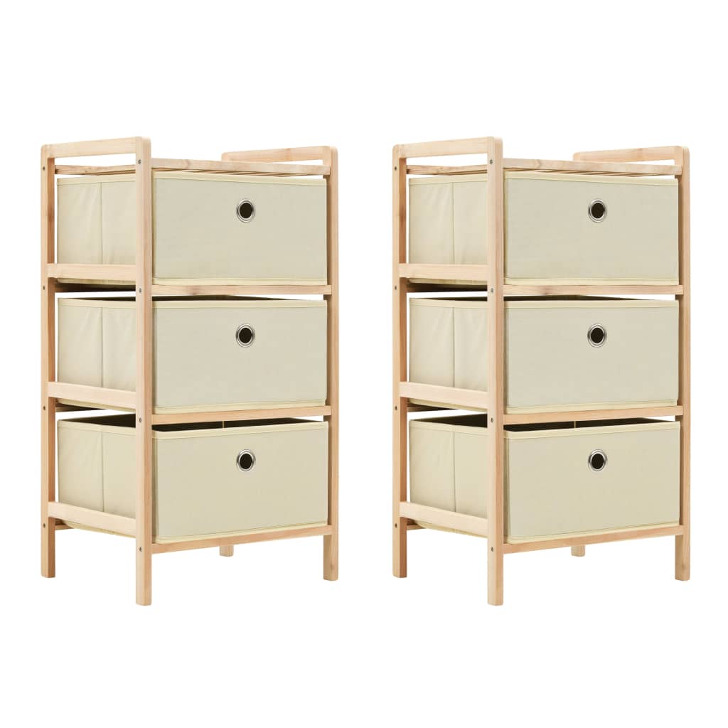 Cedar wood storage racks with beige fabric baskets for home and patio furniture, set of two, ideal for outdoor living spaces.