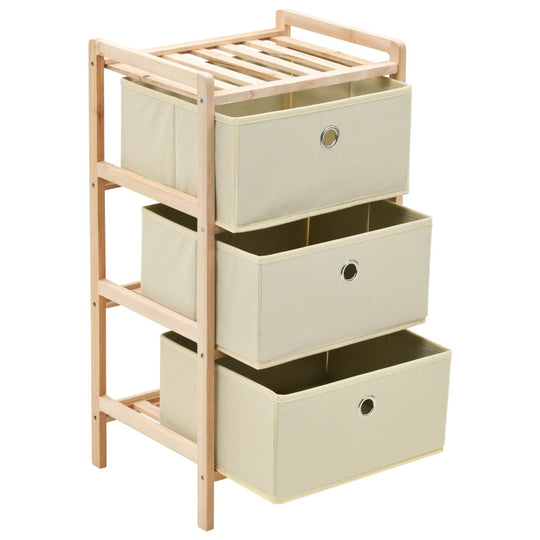 Cedar wood storage rack with three beige fabric baskets, ideal for outdoor patio and garden furniture organization.