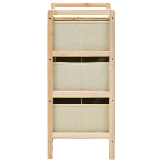 Cedar wood storage rack with three beige fabric baskets for organizing home essentials, ideal for patio or garden furniture sets.