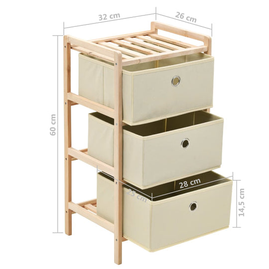 Cedar wood storage rack with three beige fabric baskets for home or patio use, ideal for organizing essentials in outdoor furniture settings.