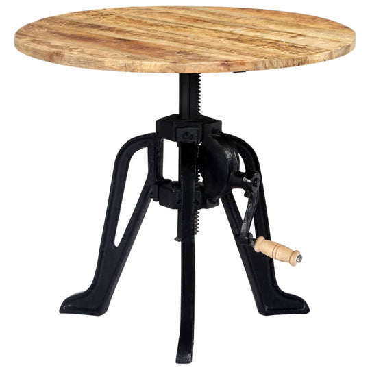 Solid mango wood side table with cast iron legs, showcasing industrial design and adjustable height mechanism.