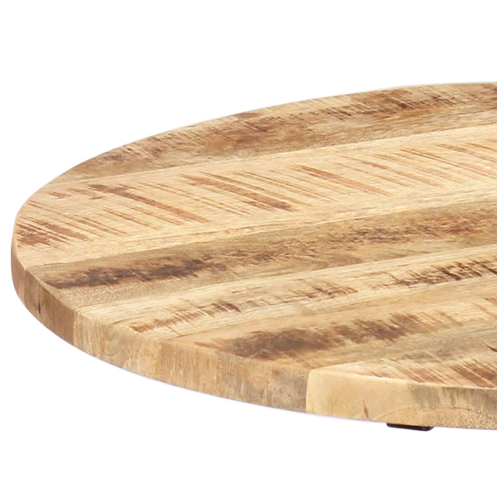 Close-up of a round solid mango wood tabletop showcasing natural patterns and textures.