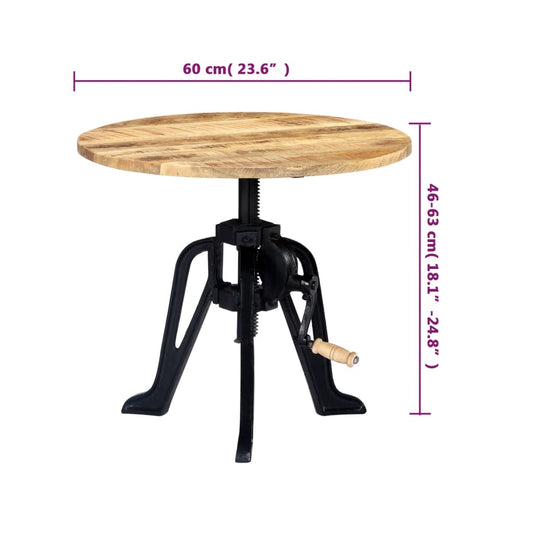 Solid mango wood side table with cast iron base, adjustable height 46-63 cm, 60 cm round top for industrial charm.