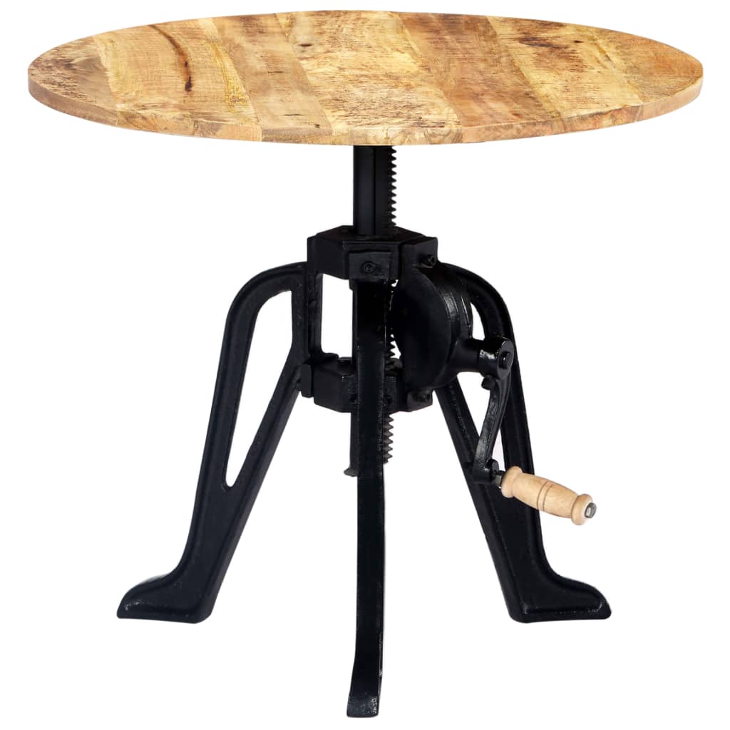 Solid mango wood side table with cast iron base, featuring an industrial design and adjustable height mechanism.