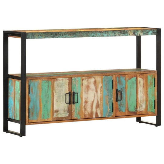 Distinctive sideboard in solid reclaimed wood with aqua and brown hues, featuring a sleek powder-coated steel frame.