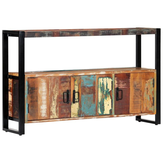 Solid reclaimed wood sideboard with colorful distressed finish and powder-coated steel frame, 120x30x75 cm.