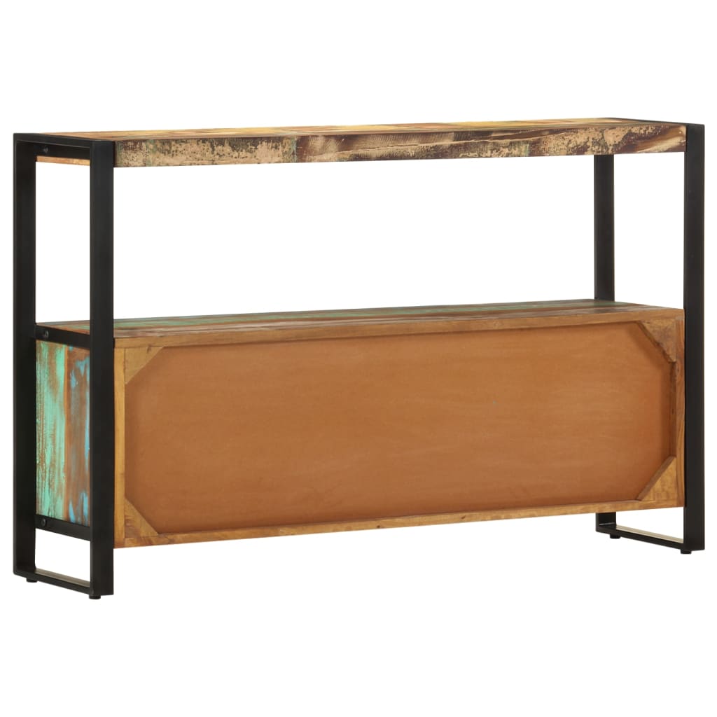 Sideboard with solid reclaimed wood top and industrial steel frame, measuring 120x30x75 cm, perfect for vintage-style interiors.