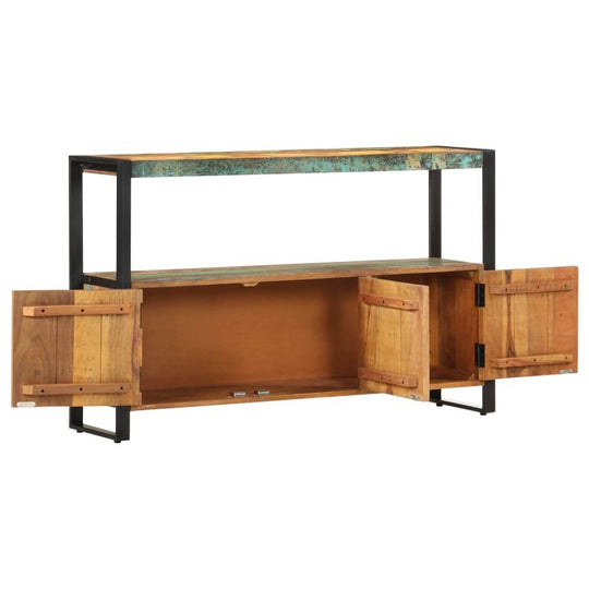 Solid reclaimed wood sideboard with black metal frame and open doors, offering vintage charm and industrial elegance.