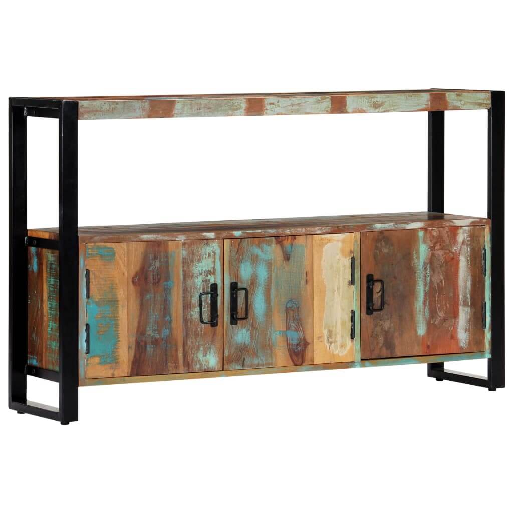 Elegant sideboard made of solid reclaimed wood with a black powder-coated steel frame, featuring vintage charm and industrial style.