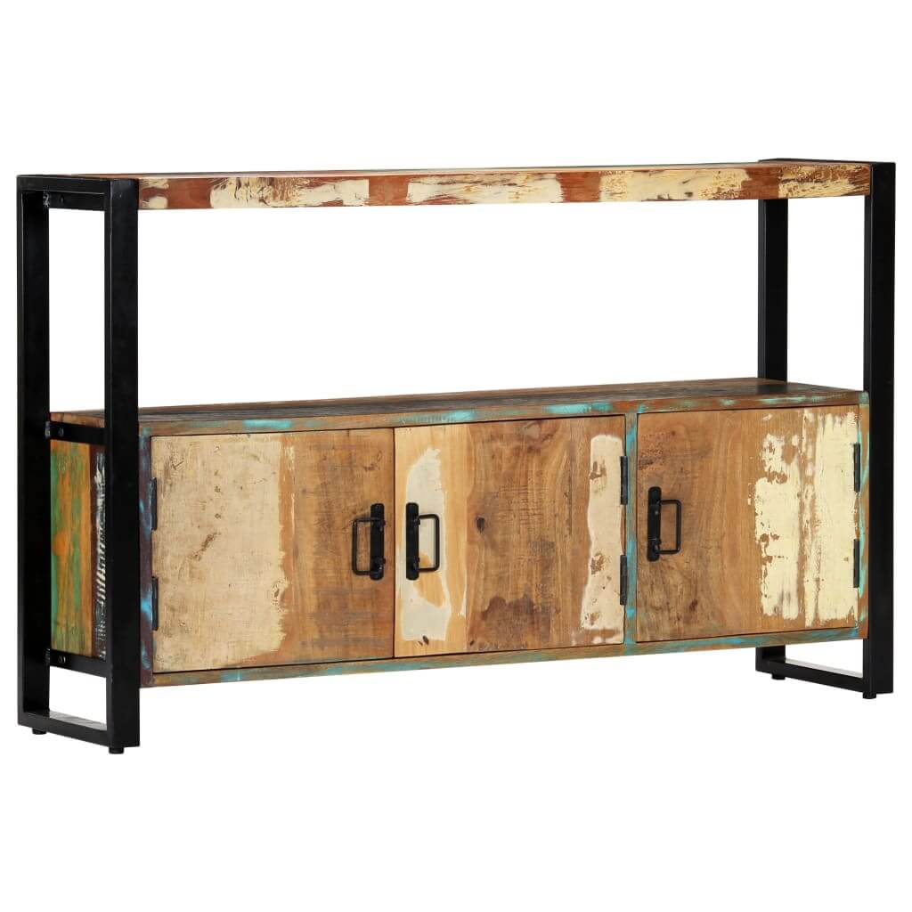 Vintage-style sideboard made of solid reclaimed wood with a powder-coated steel frame and three cabinet doors.