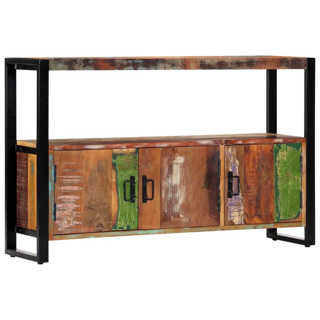 Solid reclaimed wood sideboard with industrial steel frame and colorful accents, 120x30x75 cm for stylish home decor.