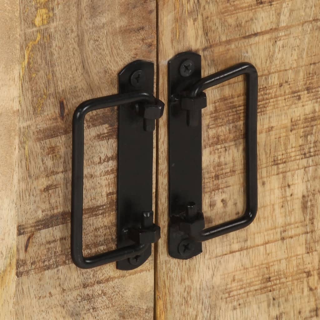 Close-up of vintage-style black metal handles on solid mango wood side cabinet doors, showcasing durable furniture design.