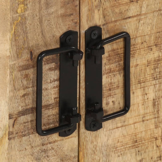 Close-up of vintage-style black metal handles on solid mango wood side cabinet doors, showcasing durable furniture design.