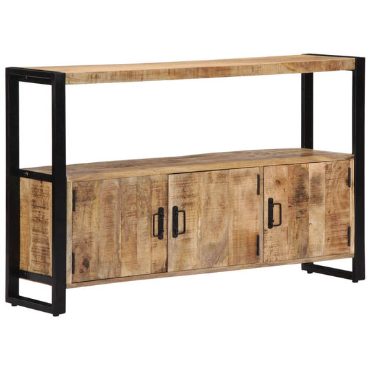 Solid mango wood side cabinet with metal frame, showcasing vintage style furniture for indoor and outdoor spaces.