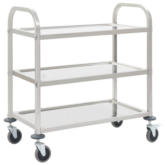 3-Tier Kitchen Trolley 96.5x55x90 cm Stainless Steel with three large trays and smooth-rolling wheels.