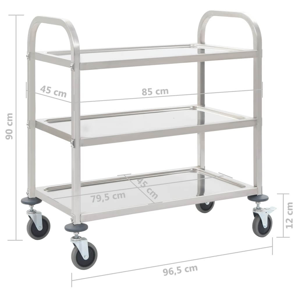 3-Tier Kitchen Trolley 96.5x55x90 cm Stainless Steel with dimensions and smooth-rolling wheels.