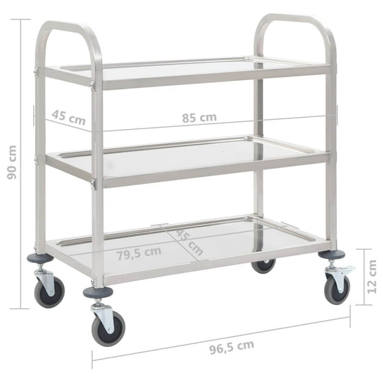 3-Tier Kitchen Trolley 96.5x55x90 cm Stainless Steel with dimensions and smooth-rolling wheels.