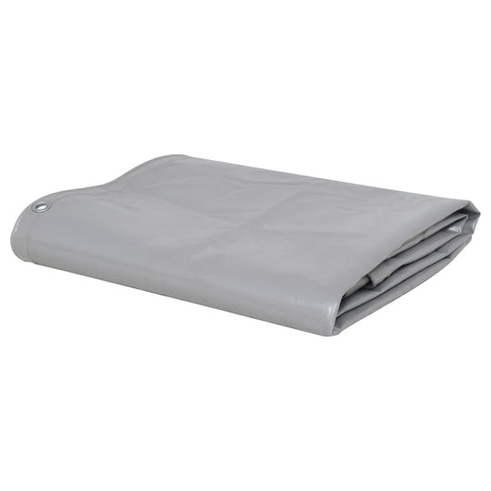 Heavy-duty grey tarpaulin folded, perfect for protecting outdoor furniture and as a camping ground sheet.