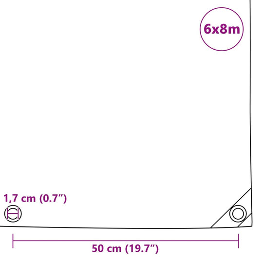 Illustration showing dimensions of a 6x8 m grey tarpaulin, featuring corners with eyelets and measurement labels.