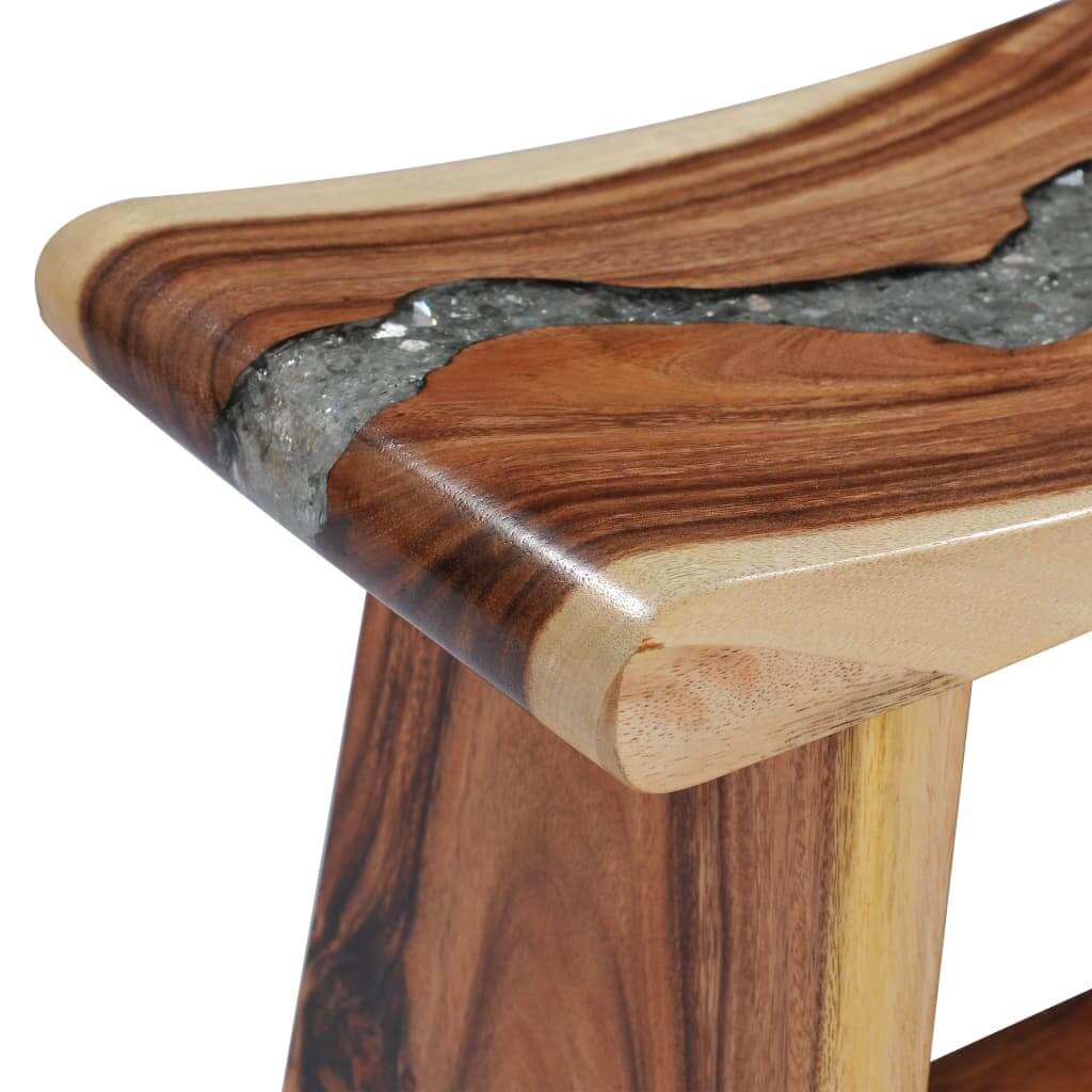 Solid suar wood stool with a unique polyresin inlay, ideal for outdoor furniture and home decor enhancement.