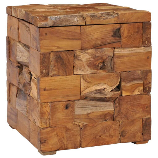 Storage stool made of solid teak wood featuring a rustic mosaic design, perfect for outdoor and indoor use.