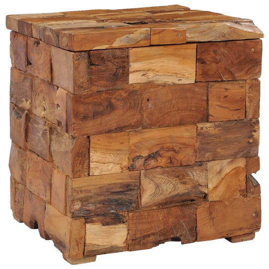 Rustic storage stool made of solid teak wood, perfect for outdoor living spaces and patio furniture.