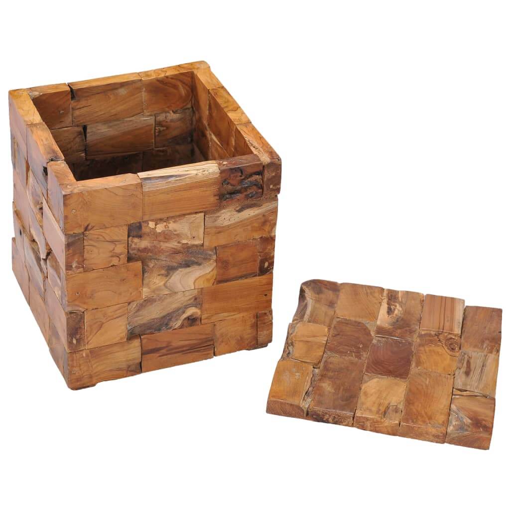 Rustic solid teak wood storage stool with mosaic design, perfect for outdoor furniture and home decor.