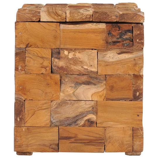 Rustic teak wood storage stool with mosaic design, ideal for home and outdoor furniture settings. Perfect for organizing essentials.