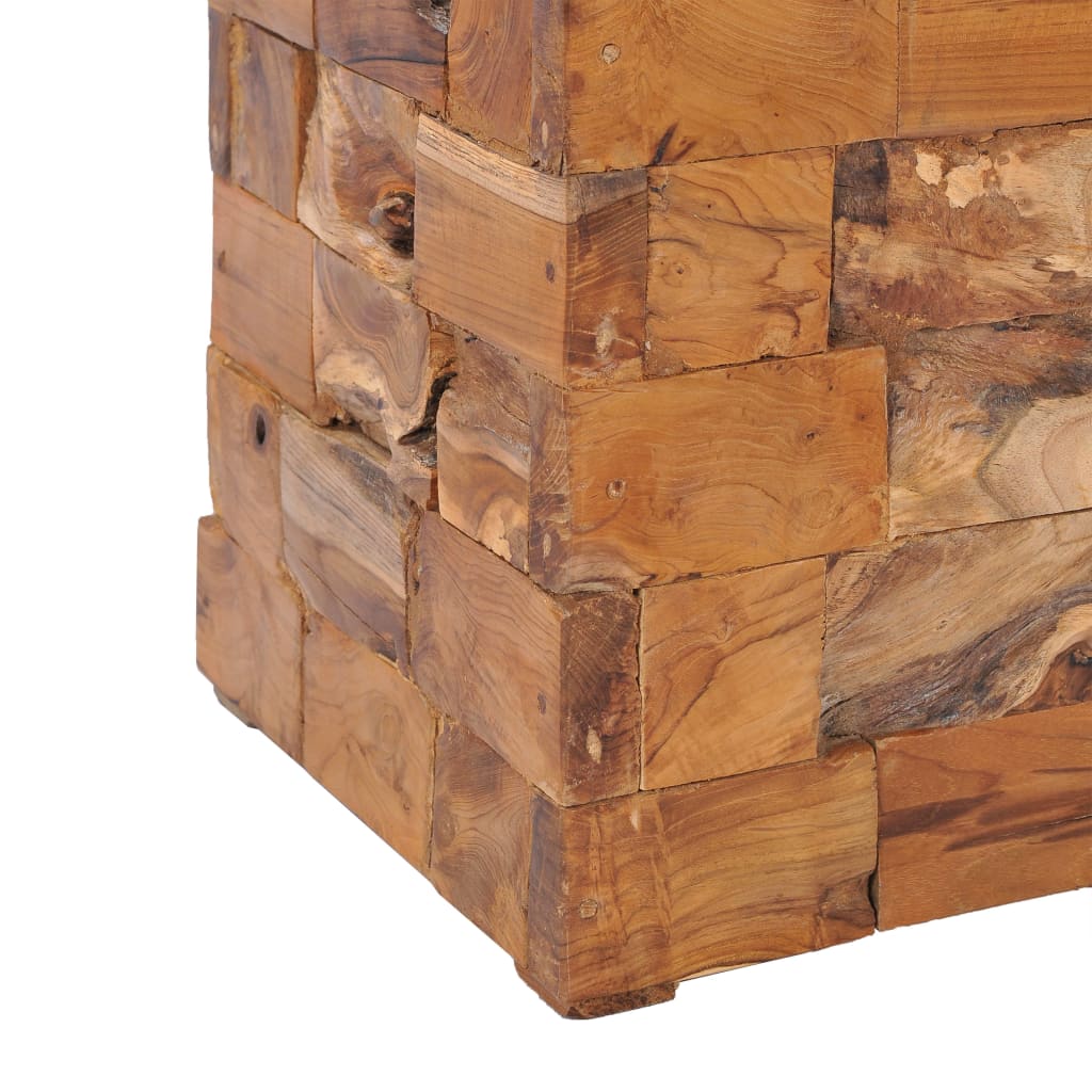 Close-up of a solid teak wood storage stool showcasing rustic mosaic design, ideal for outdoor and home furniture.